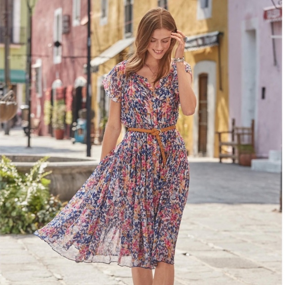 Sundance Clarissa Floral Sheer Overlay Lined Flutter Sleeve Button Front Dress,
